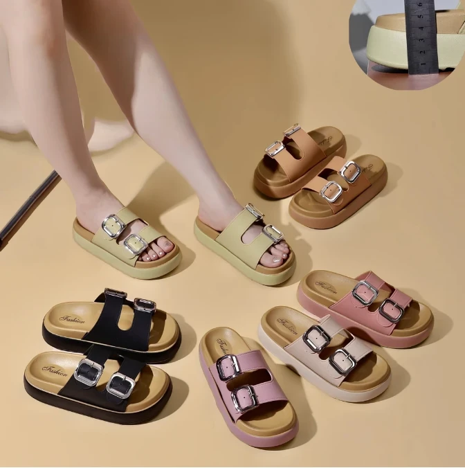 2025夏季爆款358#双扣厚底外穿软底女士凉鞋百搭休闲时尚勃肯拖鞋