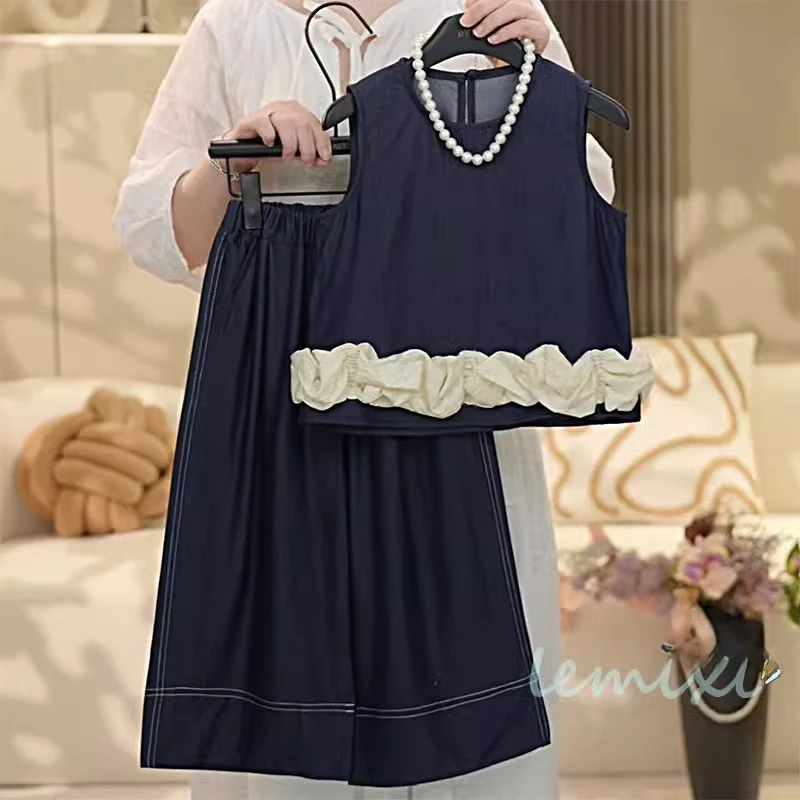 女童花边娃娃衫阔腿裤套装2025夏款中大童洋气牛仔无袖背心裙裤子