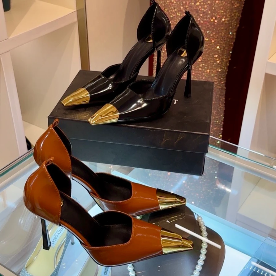 2025新款春夏金属方头中空凉鞋性感细跟高跟鞋女气质百搭漆皮单鞋