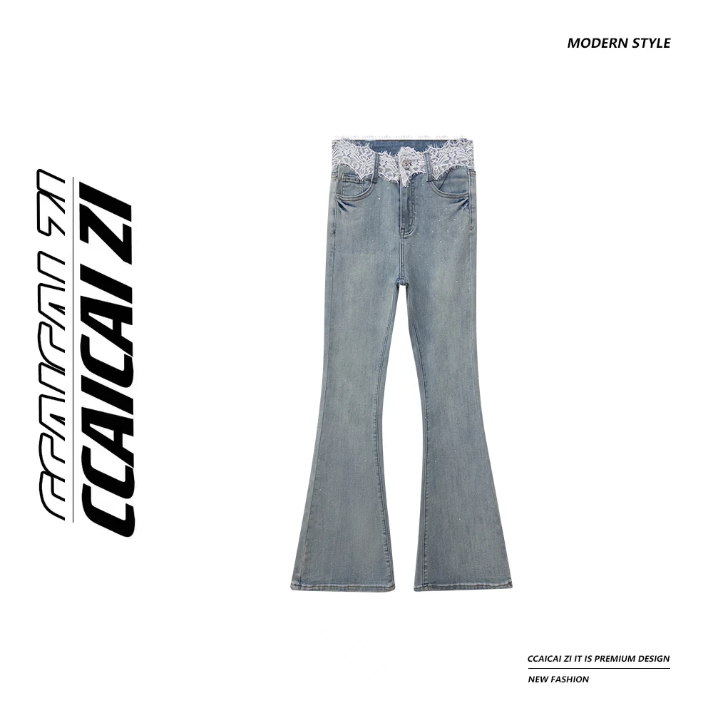 [no退no换]【蕾梦一夏】高腰蕾丝边带烫钻弹力微喇牛仔裤3909