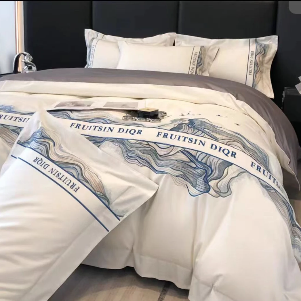 高端【高支高密刺绣四件套-山河】全棉纯棉高端刺绣轻奢款四件套