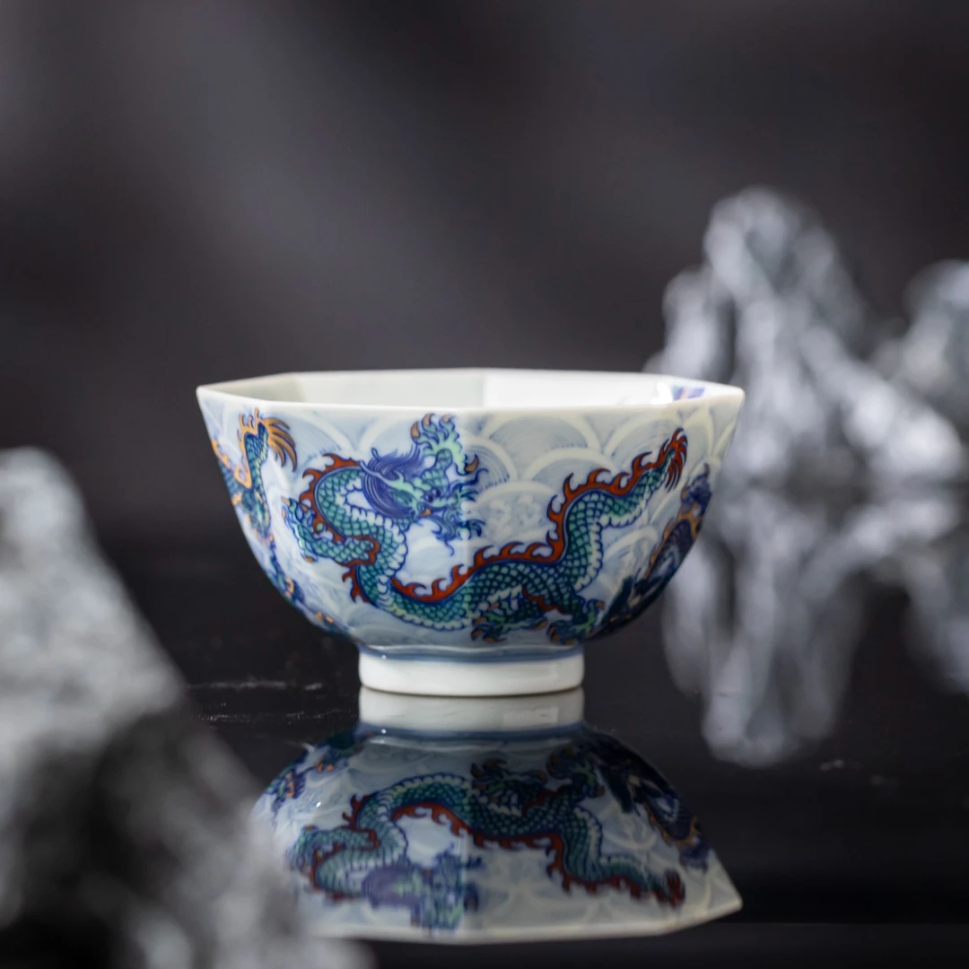 『瑶瑶严选』松如堂斗彩五龙八方杯精工手绘景德镇陶瓷茶器品茗杯