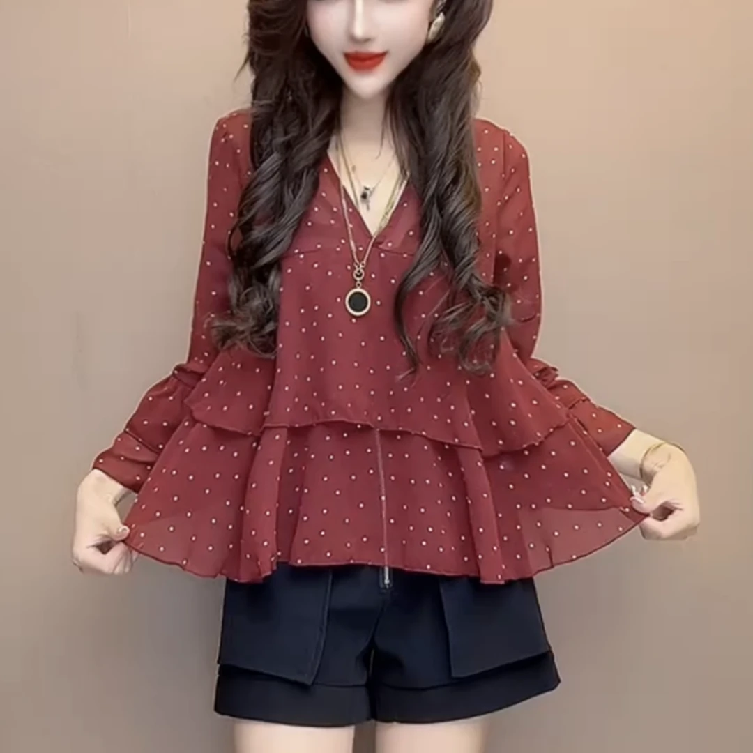 韩范时尚上衣女2025春新款气质减龄荷叶边波点上衣遮肉显瘦仙女款