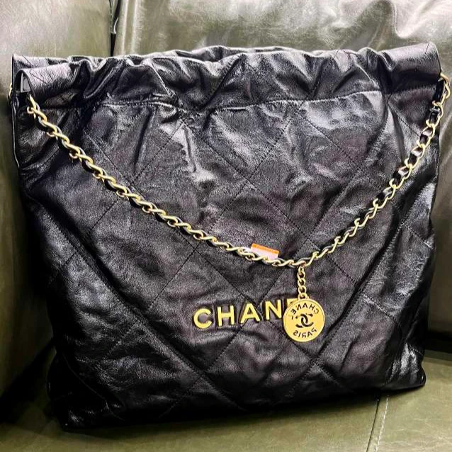 99新 Chanel/香奈儿 22K黑金牛皮22bag 中号单肩包