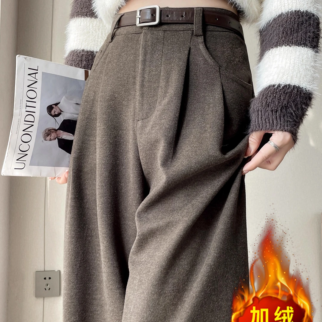 加绒加厚毛呢西装裤女秋冬季2025新款宽松显瘦直筒垂感拖地阔腿裤