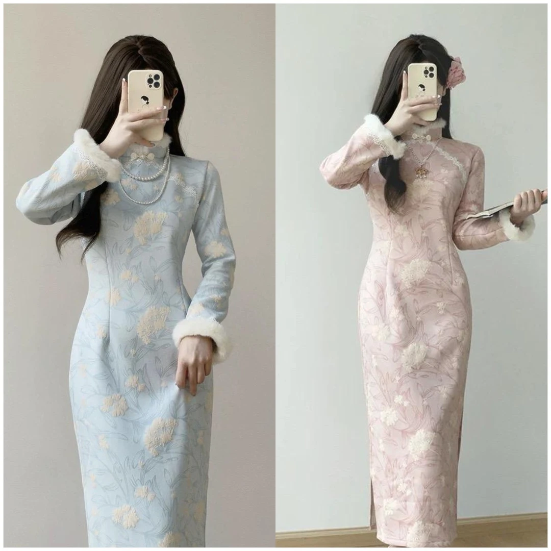 【花月下】气质复古雪花绒民国风旗袍 秋冬新款改良显瘦加绒旗袍裙