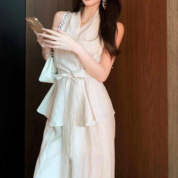 亚麻无袖挂脖上衣阔腿裤女装夏装显瘦套装两件套洋气减龄遮肉