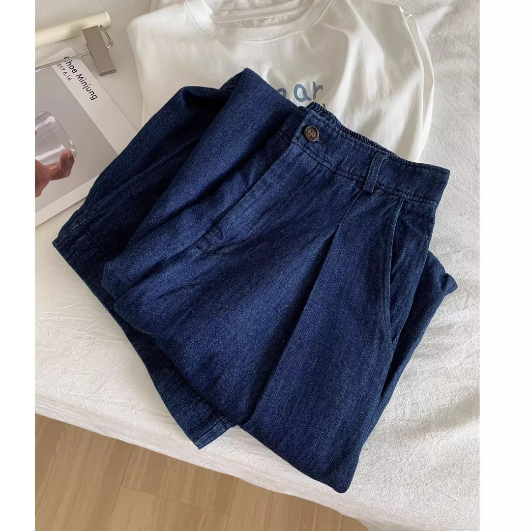 秋季新款日系复古深蓝色九分牛仔裤女梨型身材遮肉显瘦阔腿奶奶裤