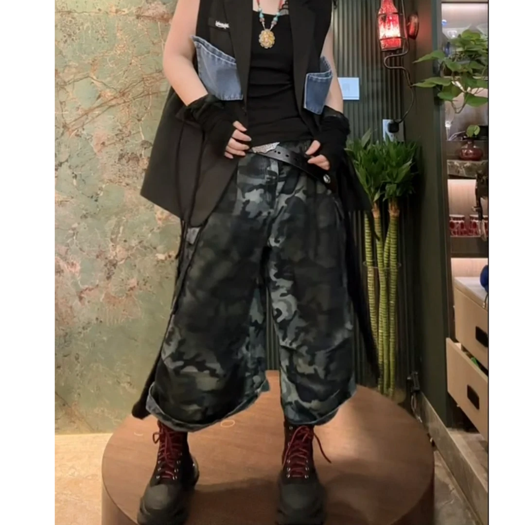 设计师款黑蓝色迷彩工装7分短裤