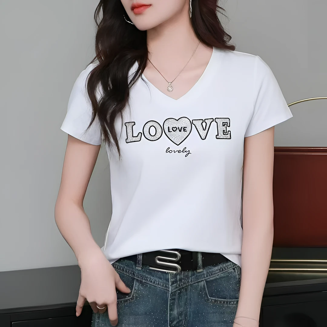 刺绣烫钻短袖V领棉T恤修身白色女士百搭洋气