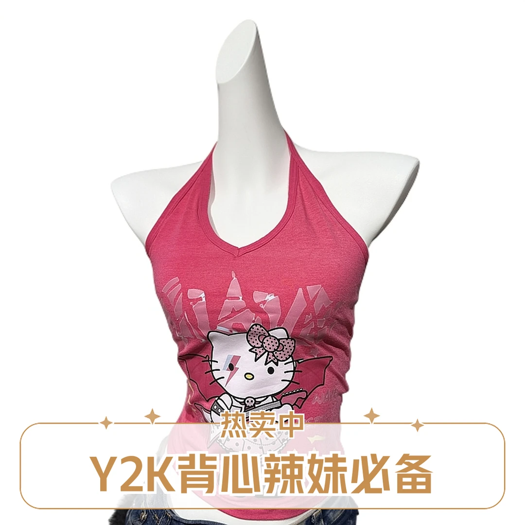 古着孤品涩谷辣妹吊带 Y2K修身背心时尚印花美背夏季无袖女款