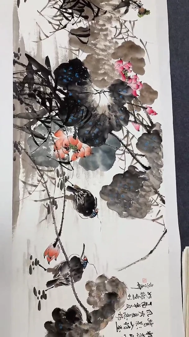 横款精品小六尺花鸟荷花