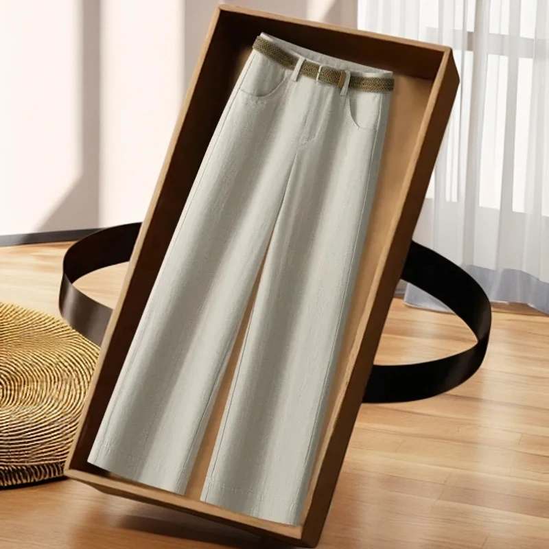 天丝亚麻阔腿裤女2025新款夏季薄款休闲裤宽松垂坠感直筒九分裤子