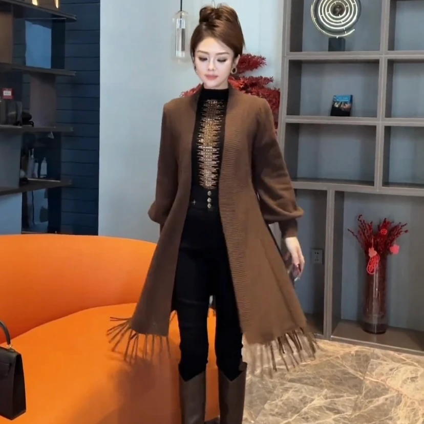 拉夏贝尔显瘦披肩流苏中长款外套2025秋季设计感上衣气质长袖