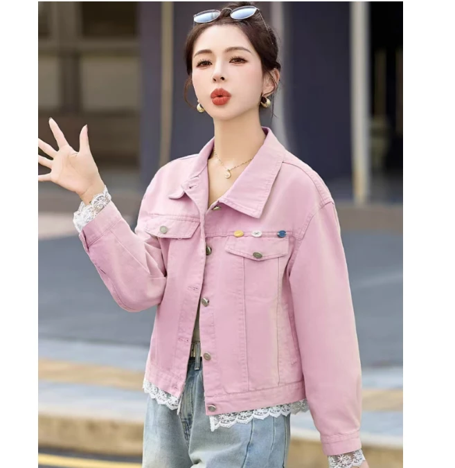女短款3D宽松型春季下摆蕾丝牛仔外套潮流HJ-1570