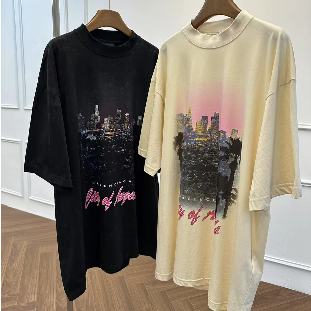 【断码清仓】巴黎风格洛杉矶夜景水洗短袖T恤