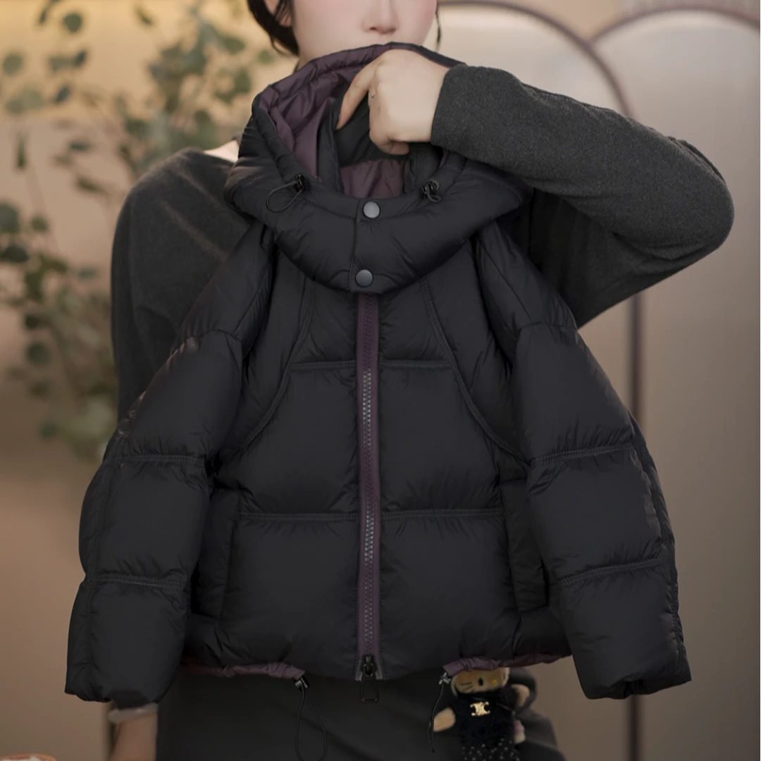 【菠菜不菜】2025白鸭绒羽绒服双倍充绒韩版加厚碳黑拼紫色羽绒服