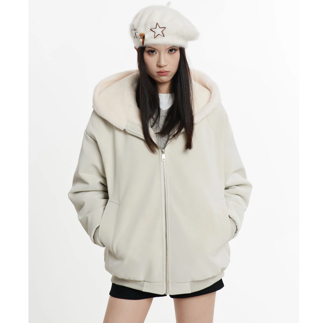 HSNH【连帽座山雕外套】冬季加绒加厚皮衣毛领外套夹克男女同款