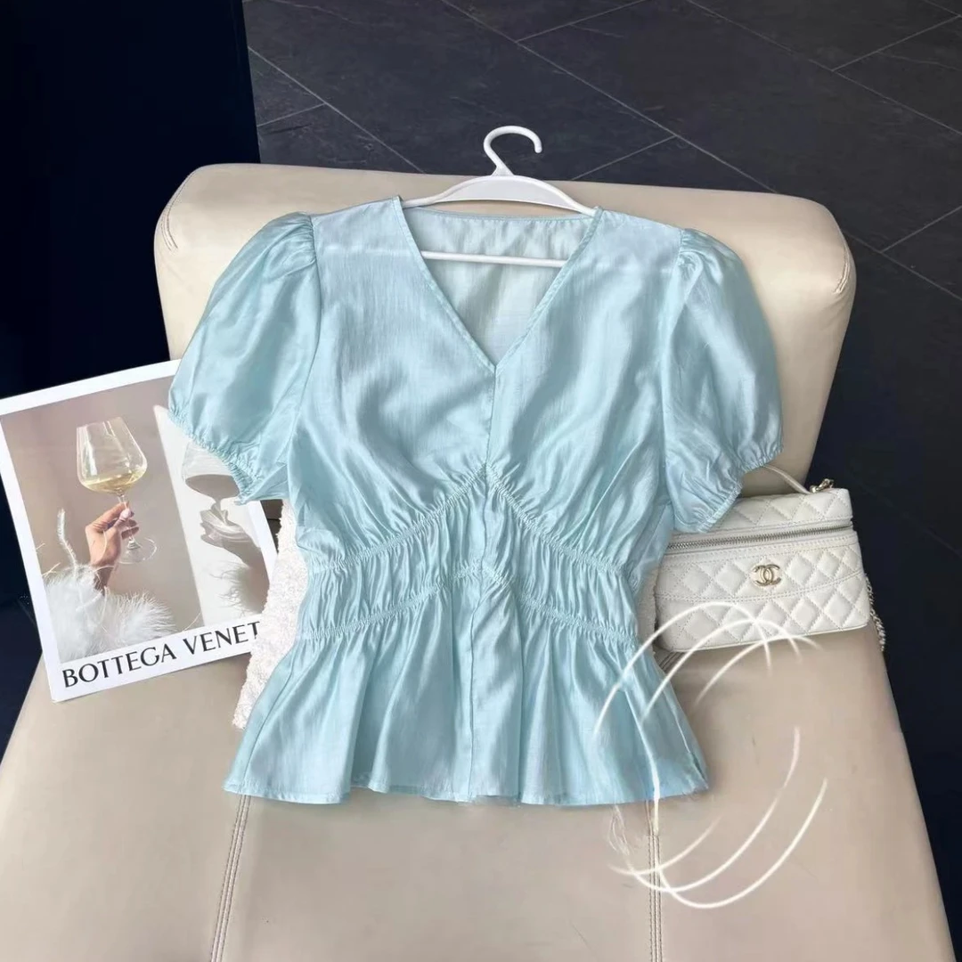 2025新款爆款夏季捏褶T恤小众百搭上衣显瘦法式收腰T恤