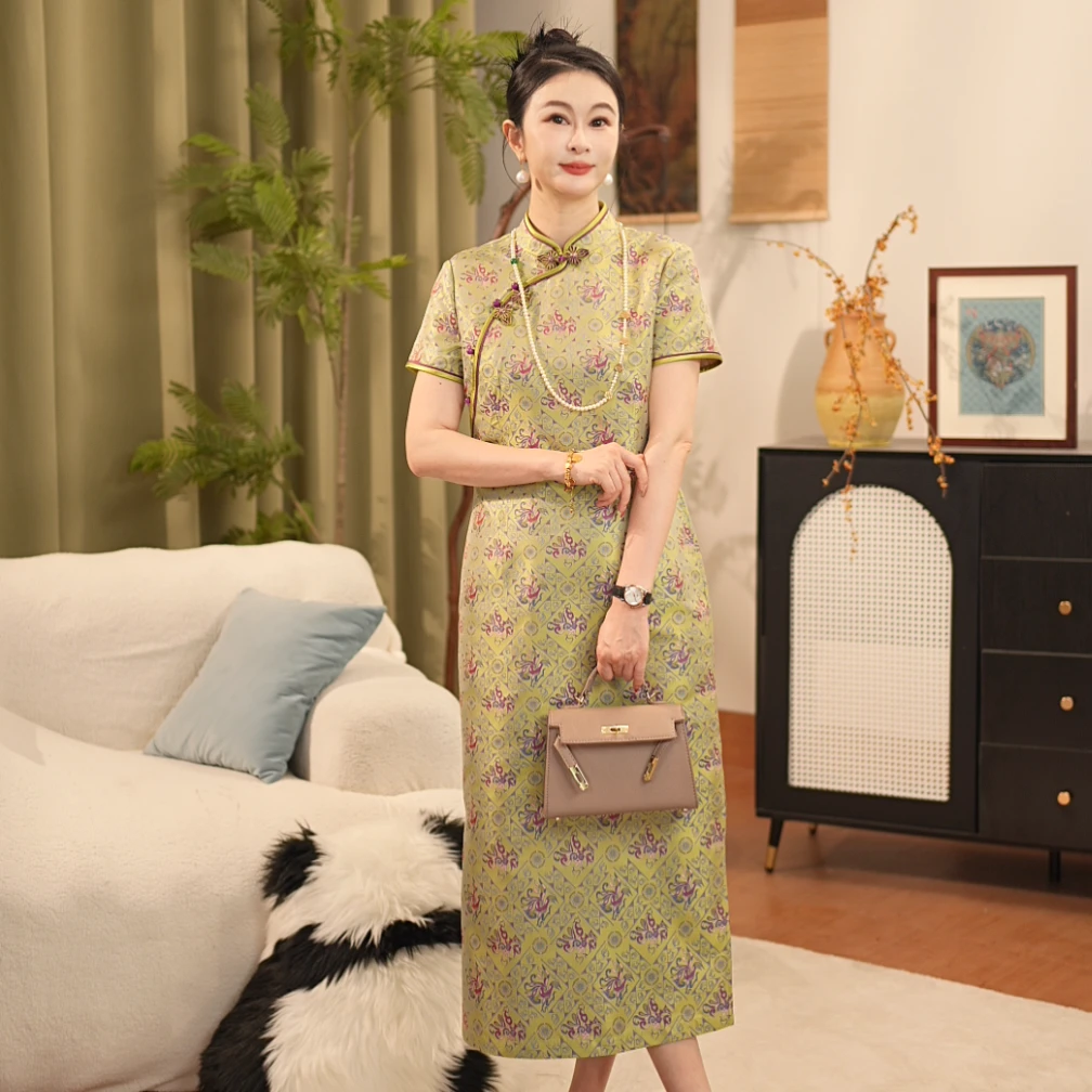【贺贺·菱格龙凤】夏季桑蚕丝蜀锦气质旗袍裙显瘦日常新中式JX6757