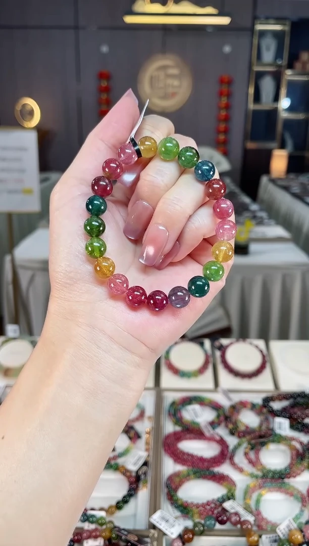 未镶嵌冰透体老矿碧玺色标彩虹单圈手串9mm+碧玺hon多样性发一条