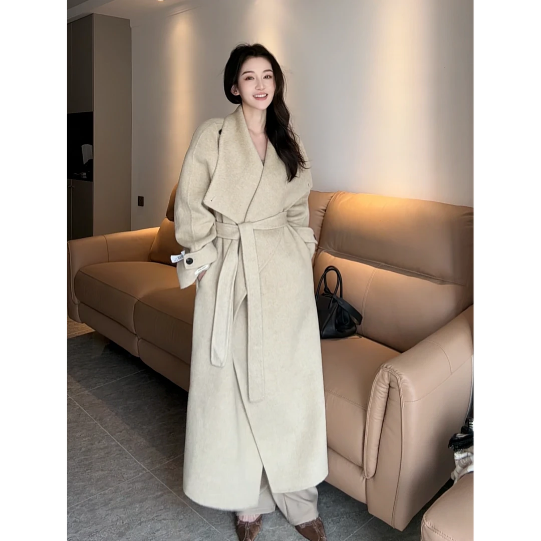 【希希】宽松显瘦气质大翻领冬季秋冬长款双面呢大衣毛呢外套8672