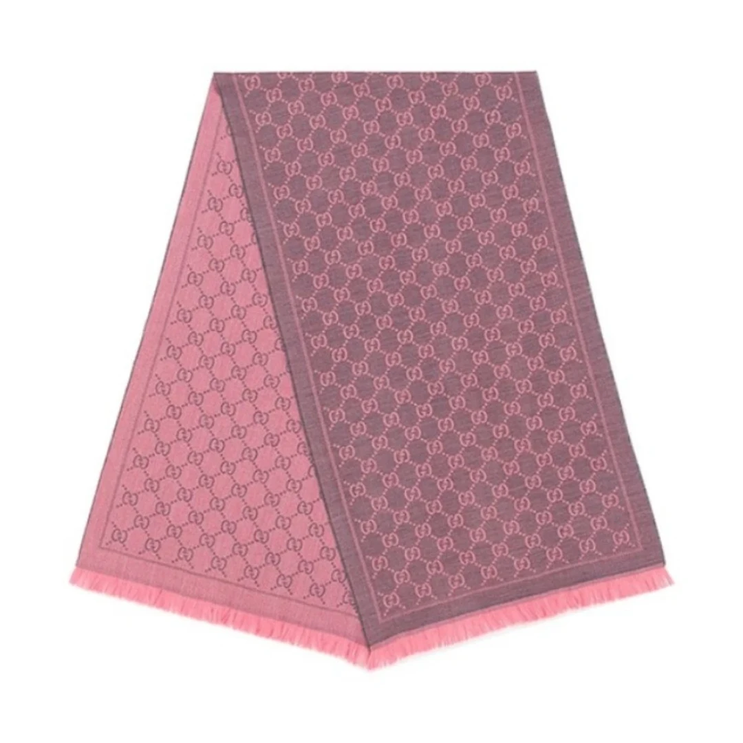 GUCCI古驰 双G提花流苏 绒线围巾 女款 灰粉色133483-3G200-1272