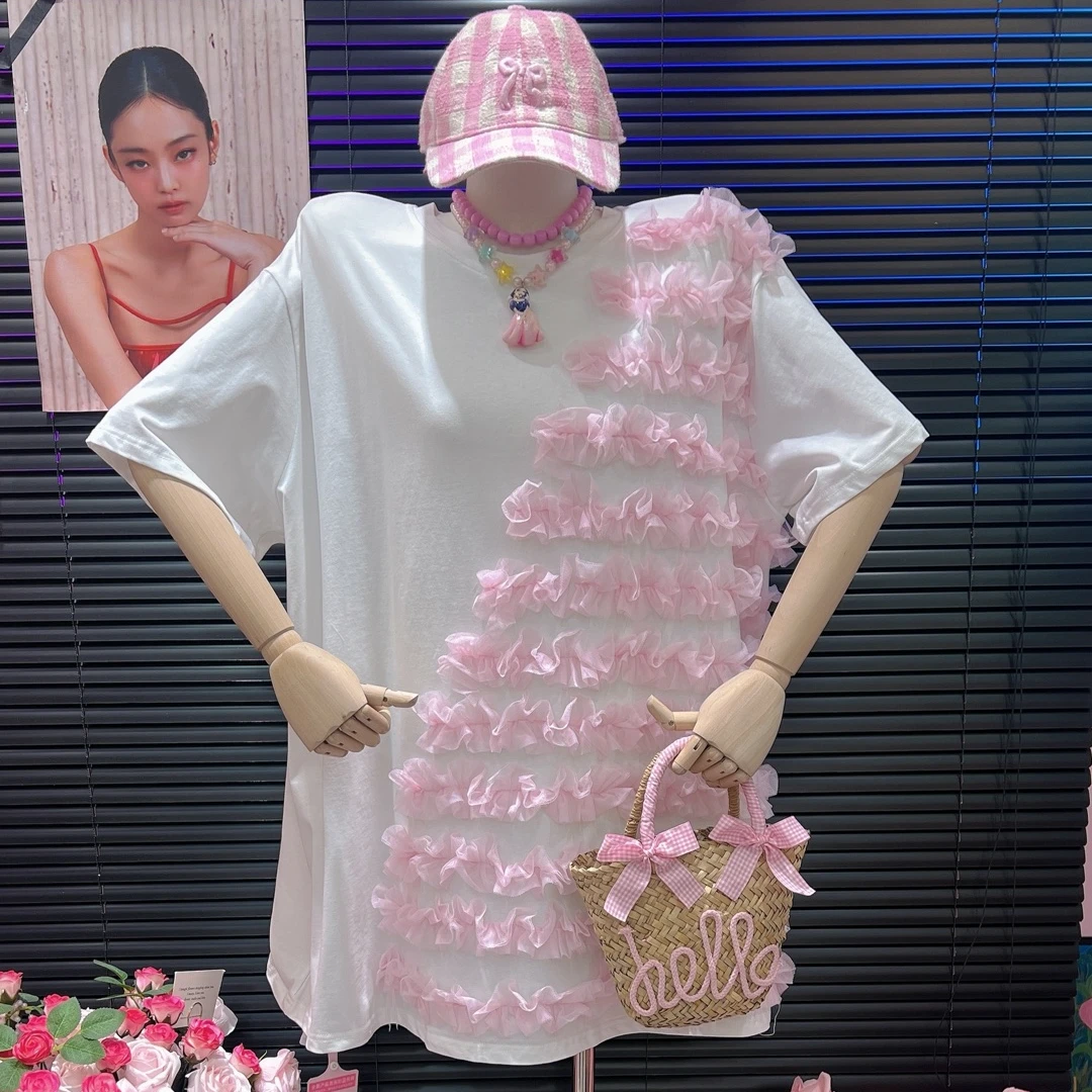 【纯熙+】30223夏季新款立体多层纱纱T恤裙女韩版宽松上衣连衣裙