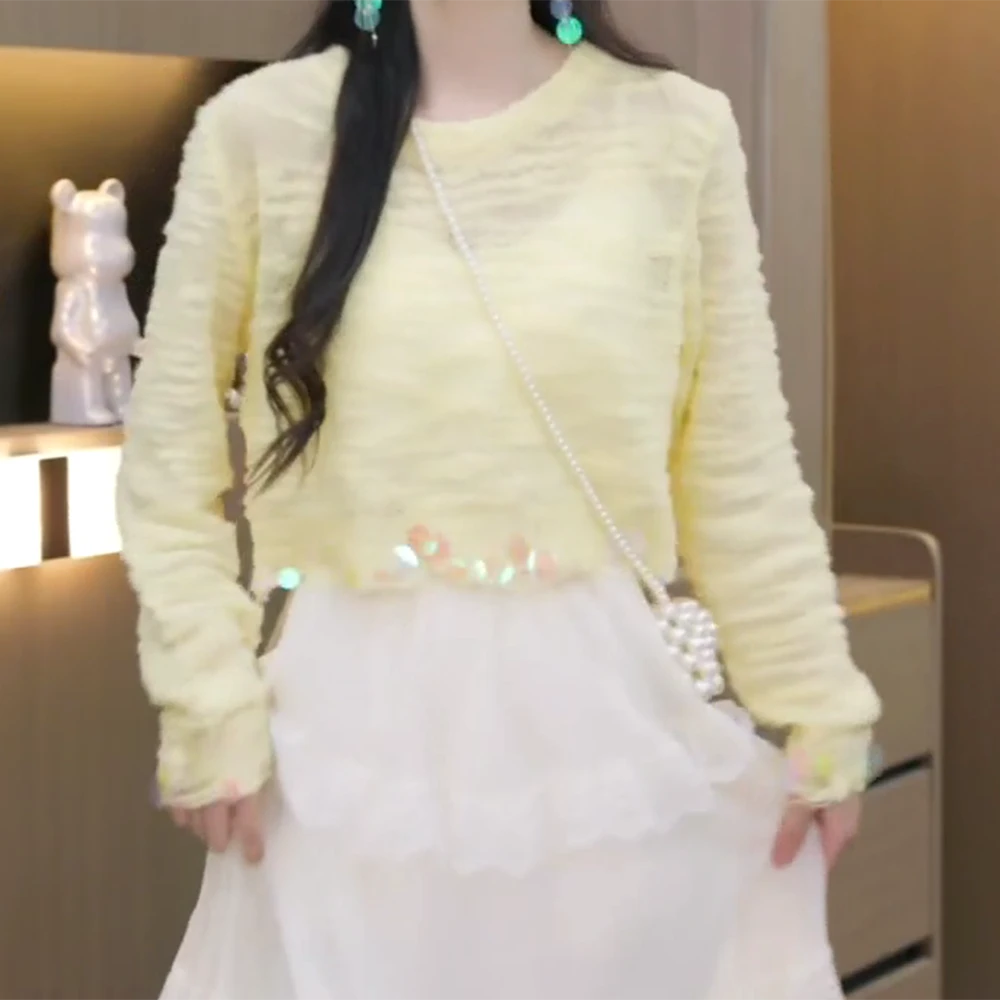 【元气少女】新款甜美风百搭洋气时尚两亮片直筒圆领针织衫上衣女