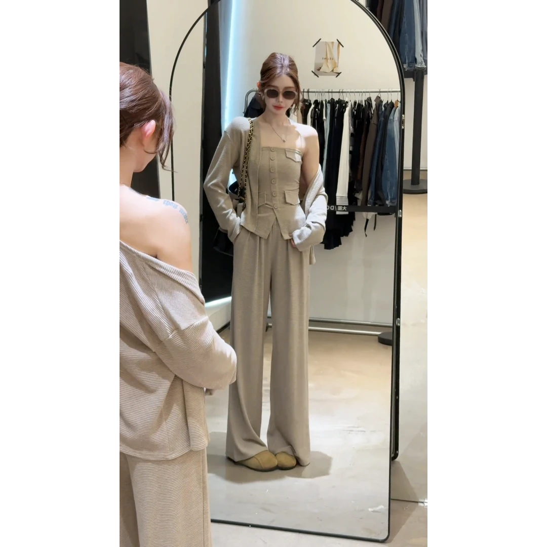 MARIE.COCO巨好看一整套穿搭秋季极简针织开衫性感抹胸上衣阔腿裤