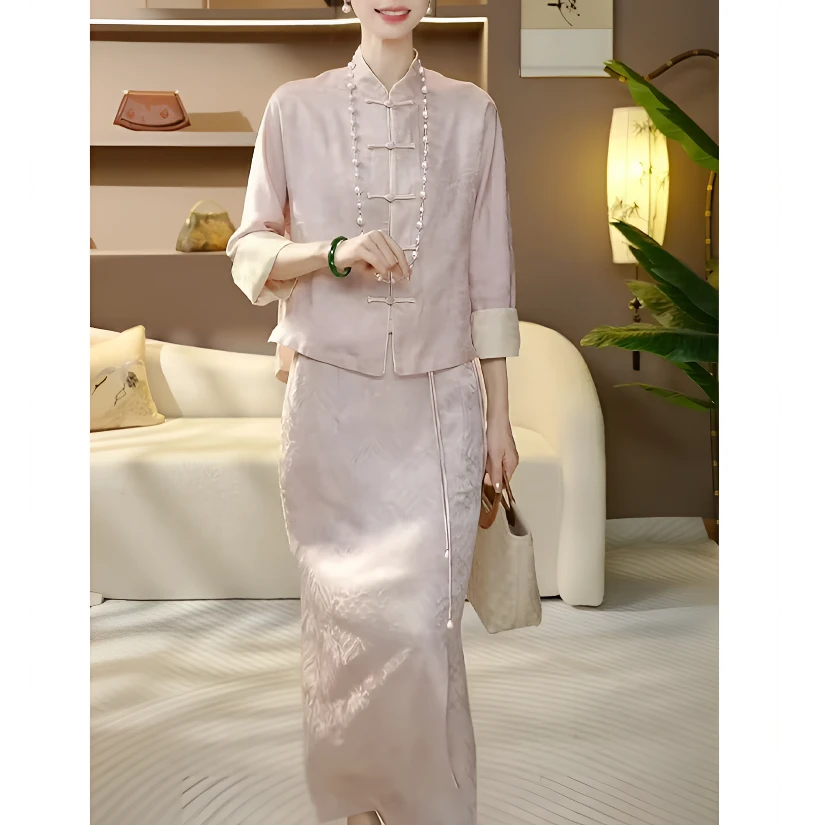 新中式国风套装女士长袖提花上衣半身裙高级感两件套