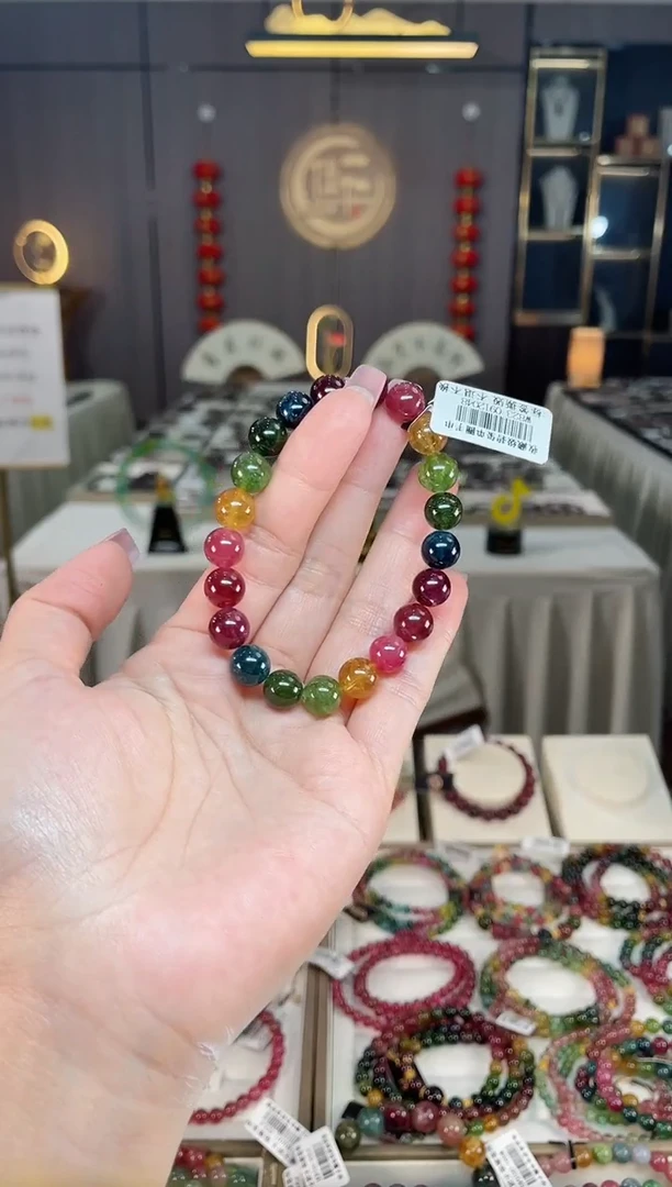 未镶嵌冰透体老矿碧玺色标彩虹单圈手串9mm+碧玺hon多样性发一条