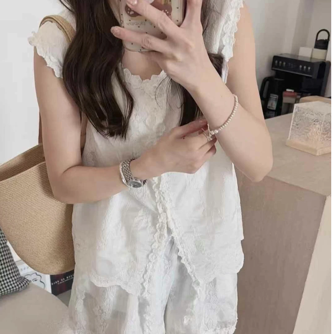 ouran 夏款G1363百搭显瘦重工蕾丝套装