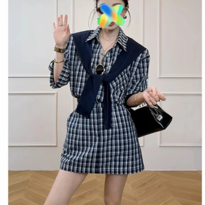 韩版气质撞色拼接披肩收腰显瘦洋气衬衫连衣裙 2025夏季
