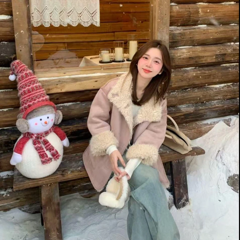 法式甜美气质皮毛一体短外套女装2024冬季新款时尚双面穿毛绒上衣