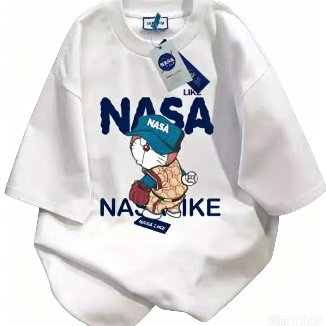 NASA重磅短袖美式纯棉t恤哆啦A梦潮流夏季男女同款宽松情侣衣服