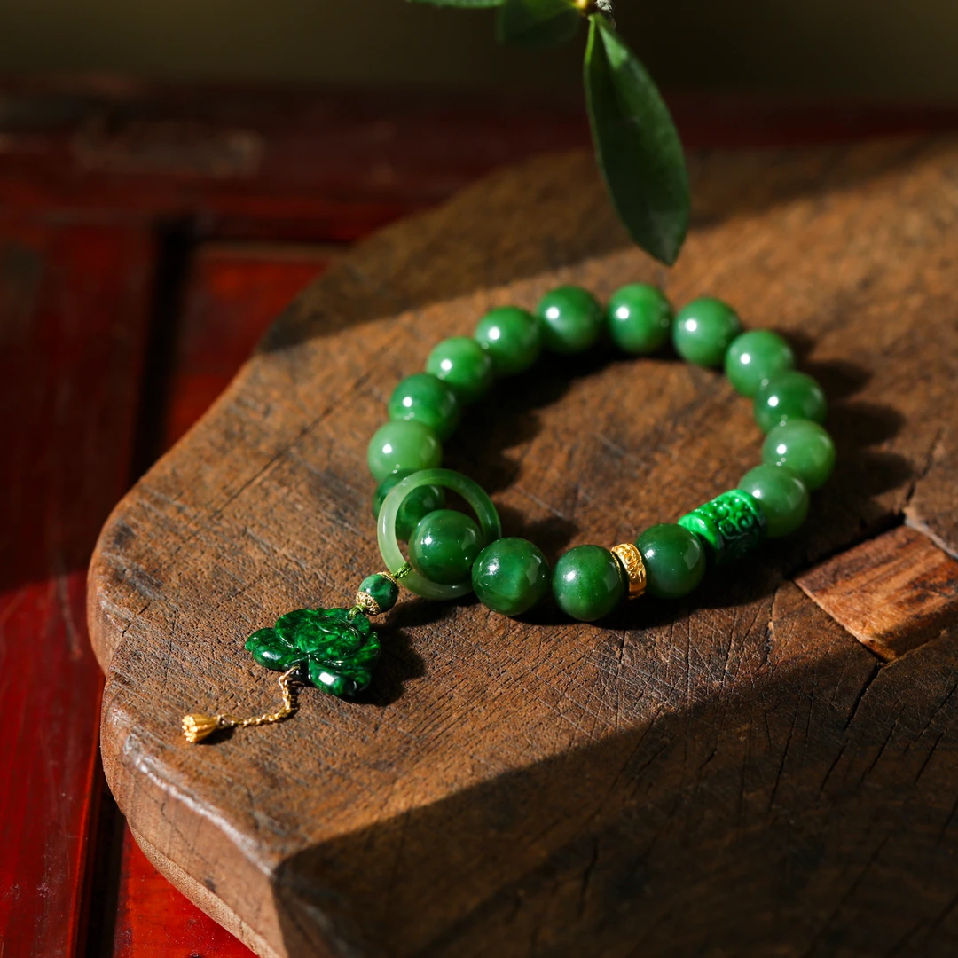 【意婵】天然典藏级老料和田碧玉单圈18K金翡翠雕花-908990