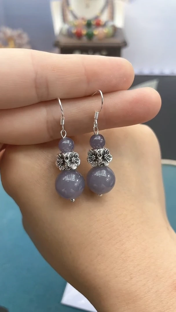 和田玉银S925镶嵌耳饰12mm烟紫四面花