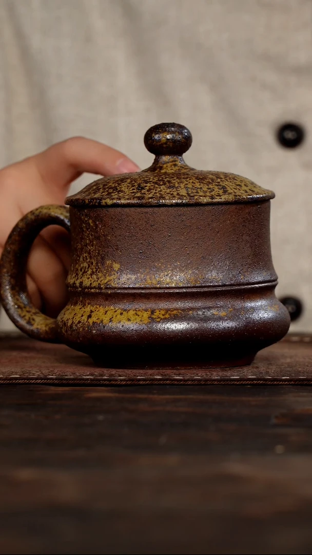 茶杯紫砂非遗茶器-柴烧鸿运盖杯