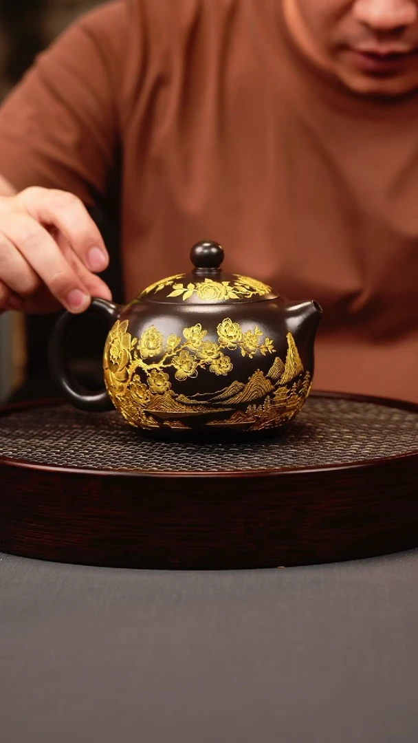 茶壶紫砂石黄 西施 牡丹描金