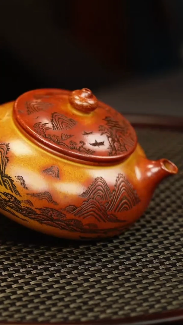 茶壶紫砂火云烧 寒江 刻绘