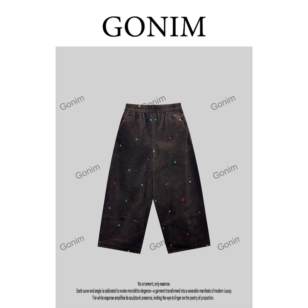 Gonim“彩豆”2025夏秋新款设计师复古灯芯绒休闲宽松休闲裤女