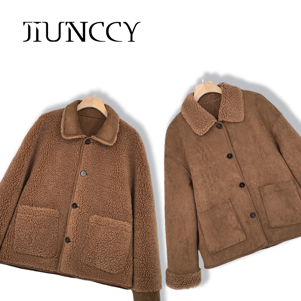 JIUNCCY【双绒】100绵羊毛颗粒绒感双贴袋翻领双面穿外套 52YWT092
