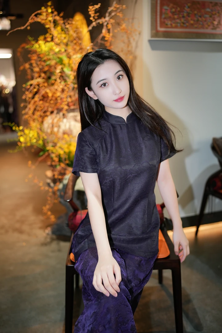 蓝大【玄雾】桑蚕丝立领短袖上衣7669