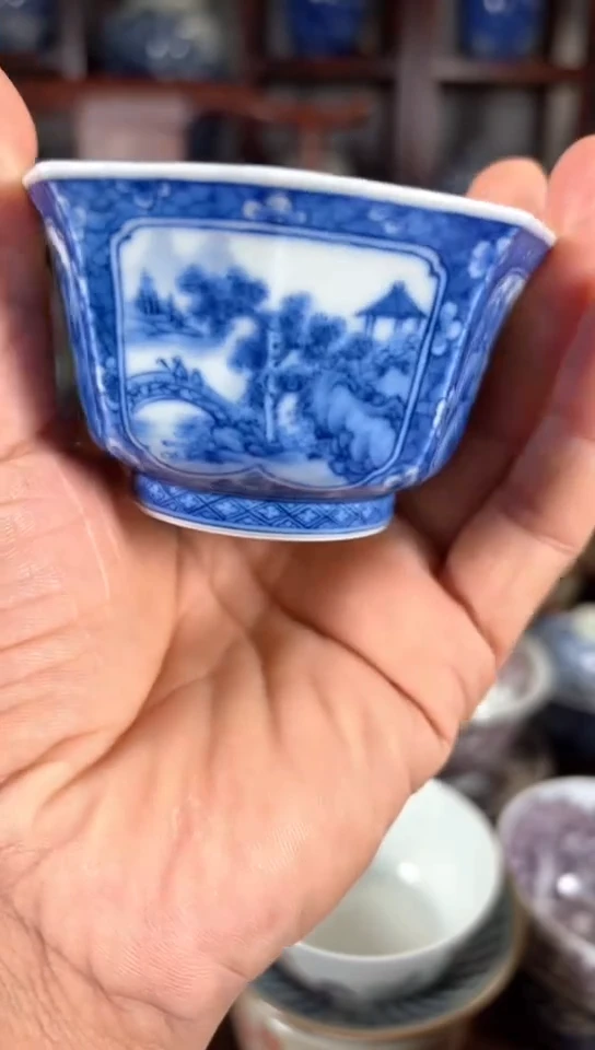 柴窑青花开窗春夏秋冬八方杯杯