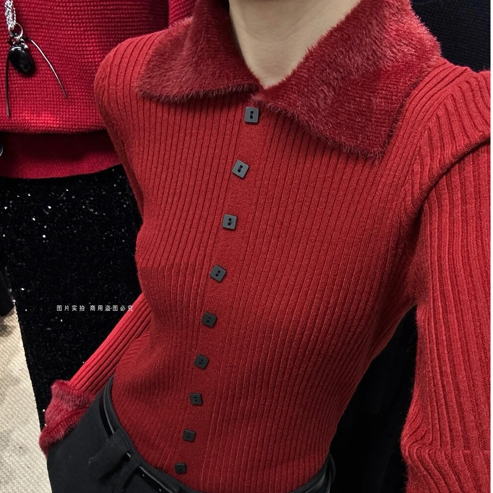 法式设计感显瘦仿水貂毛拼接翻领针织小衫针织开衫(扣子可打开）