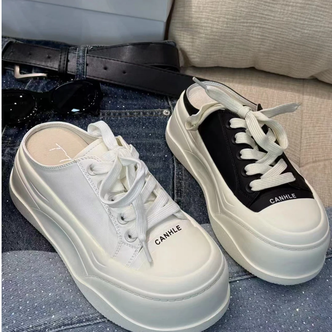 【阿丹】春夏新款真皮厚底轻便包头半拖增高休闲鞋百搭松糕鞋板鞋