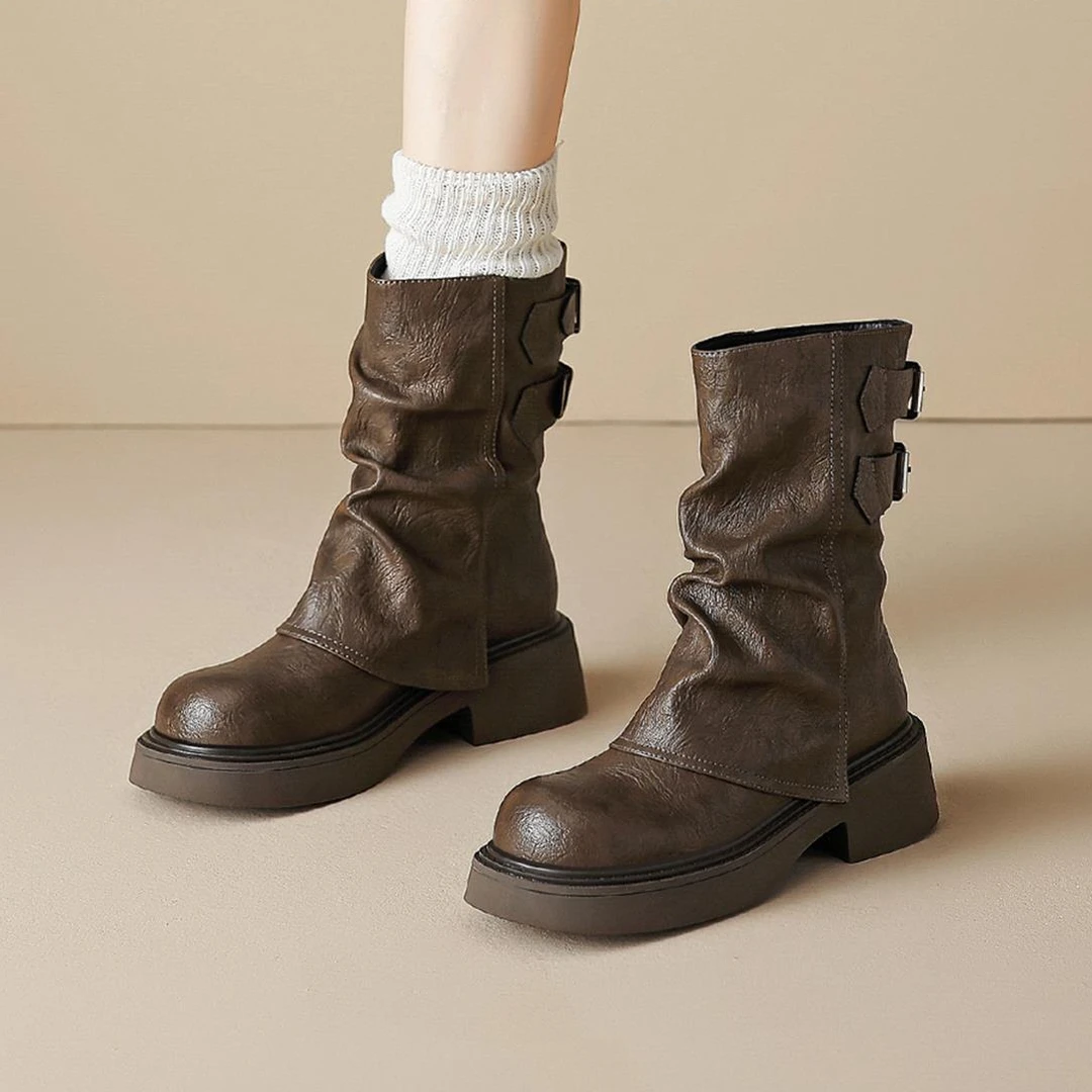 美拉德靴子短靴女2025新款英伦厚底马丁靴女款春秋单靴覆古堆堆靴