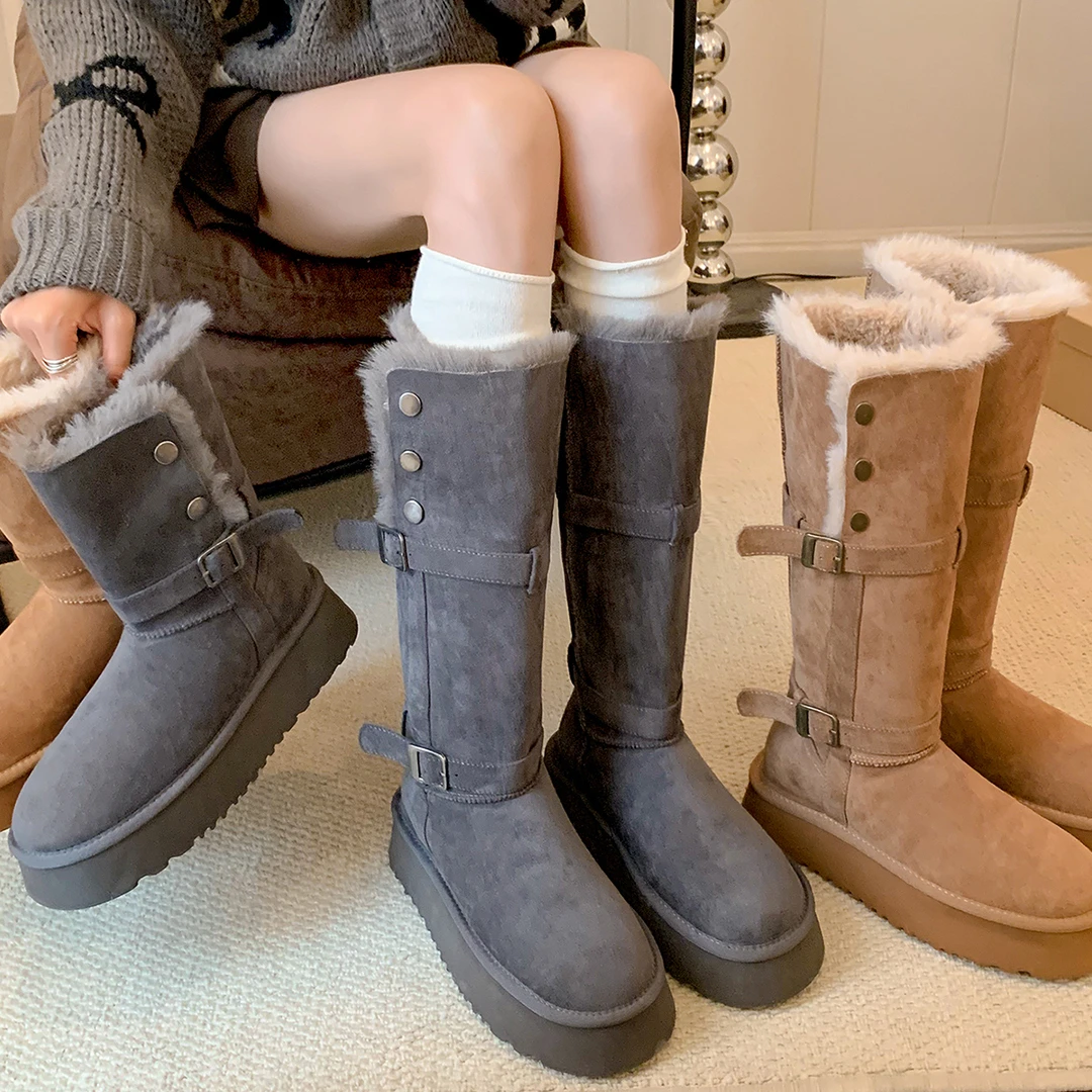 两穿厚底增高保暖灰色高筒雪地靴长筒冬季新款皮带扣加厚毛棉鞋