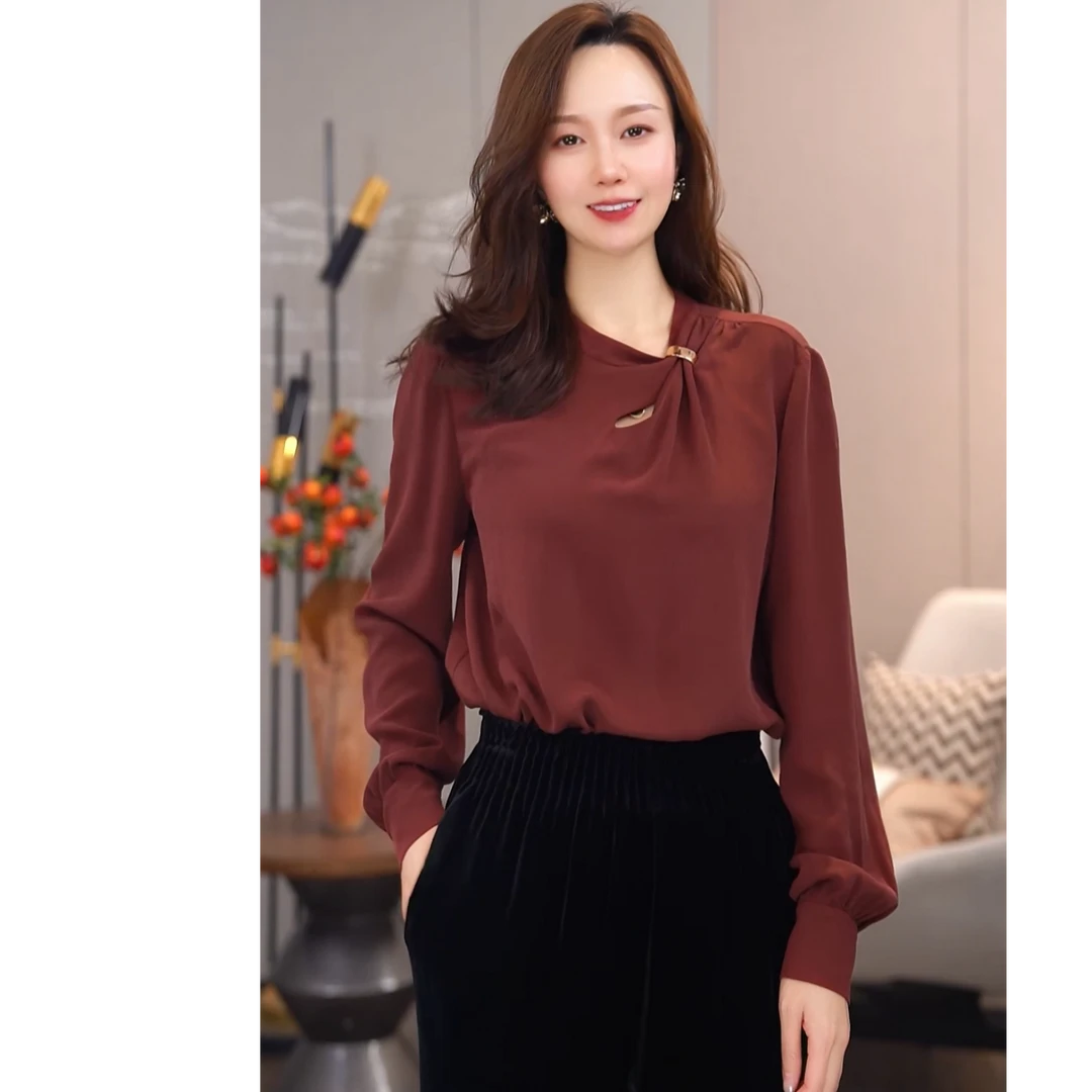 【繁花似锦】南法假日-安可拉红桑蚕丝鬼皱真丝衬衫新款轻奢衬衫